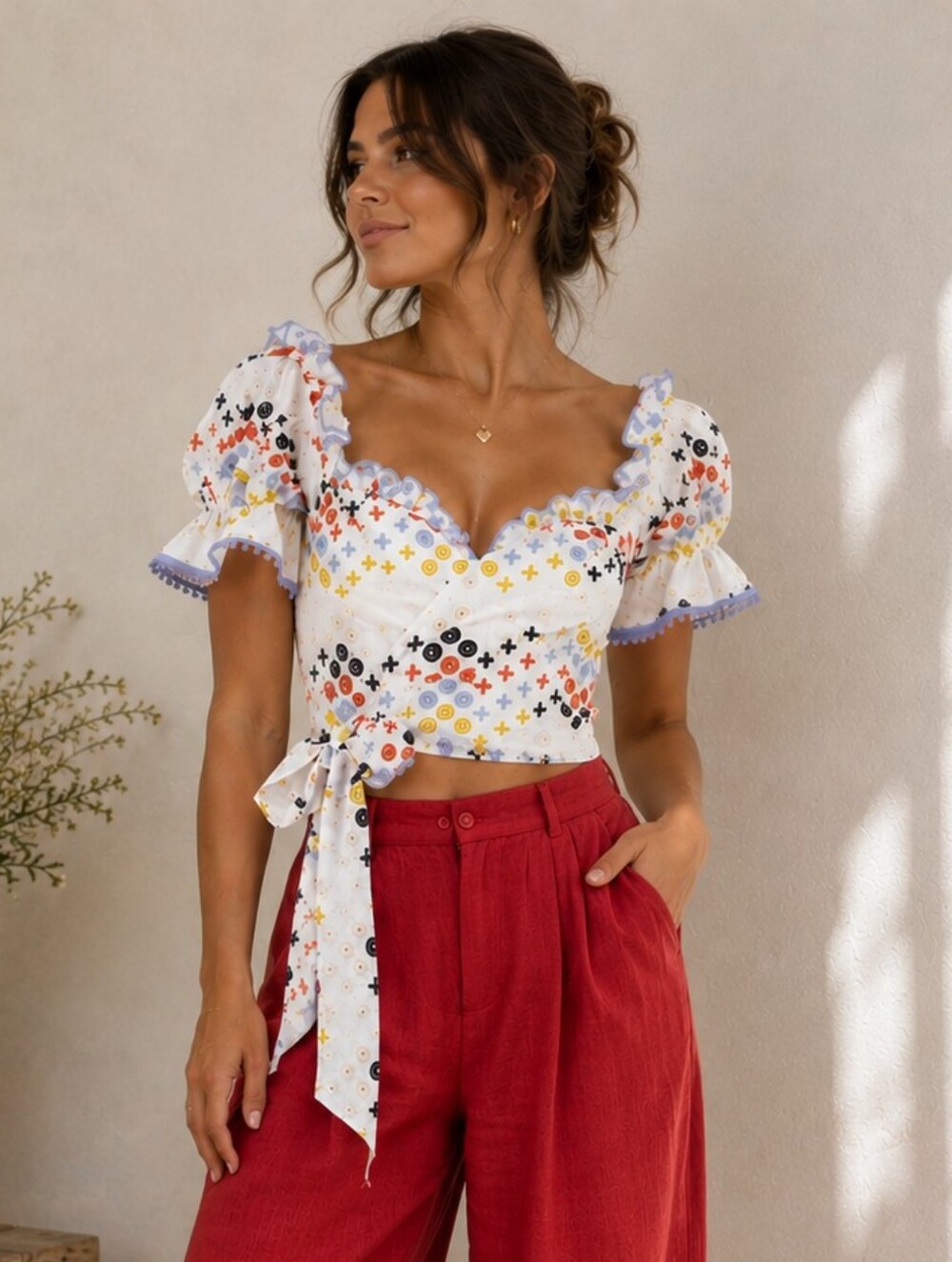 Cottagecore Coquette Wrap Crop Top White Embroidered Eyelet Ruffle Boho S/M